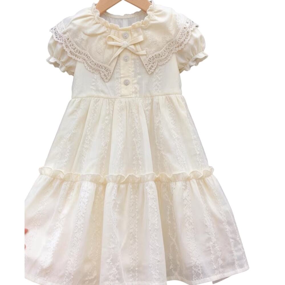 Girls Princess Lace Doll Collar Short Sleeve Dress Yellow/Cream Size 5/7 yrs old